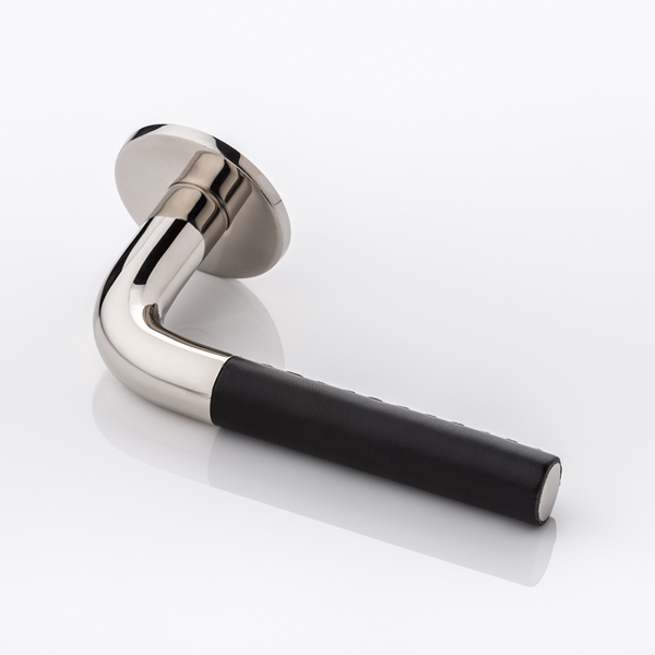 Darton solid brass door lever handle with hand stitched leather & round rose