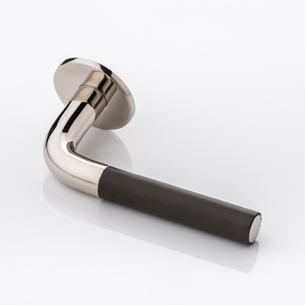 Darton solid brass door lever handle with hand stitched leather & round rose