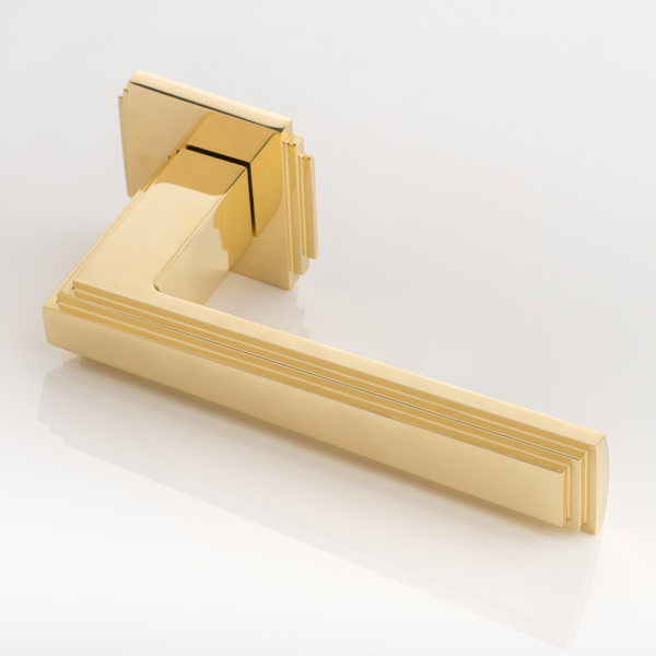 Dewhurst I solid brass door lever handle with square edge deco rose