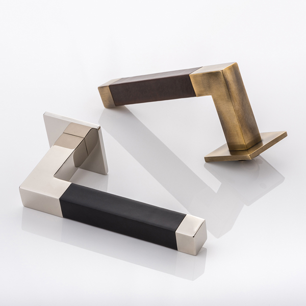 Cube solid brass door lever handle with hand stitched leather & square rose