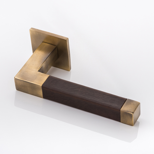 Cube solid brass door lever handle with hand stitched leather & square rose