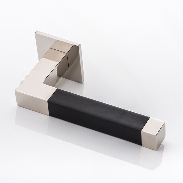 Cube solid brass door lever handle with hand stitched leather & square rose