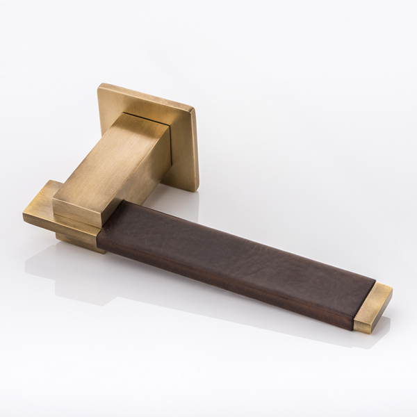 Holmes solid brass door lever handle with hand stitched leather & square rose