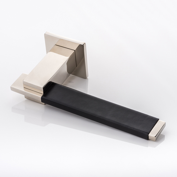 Holmes solid brass door lever handle with hand stitched leather & square rose