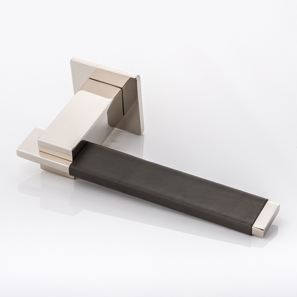 Holmes solid brass door lever handle with hand stitched leather & square rose