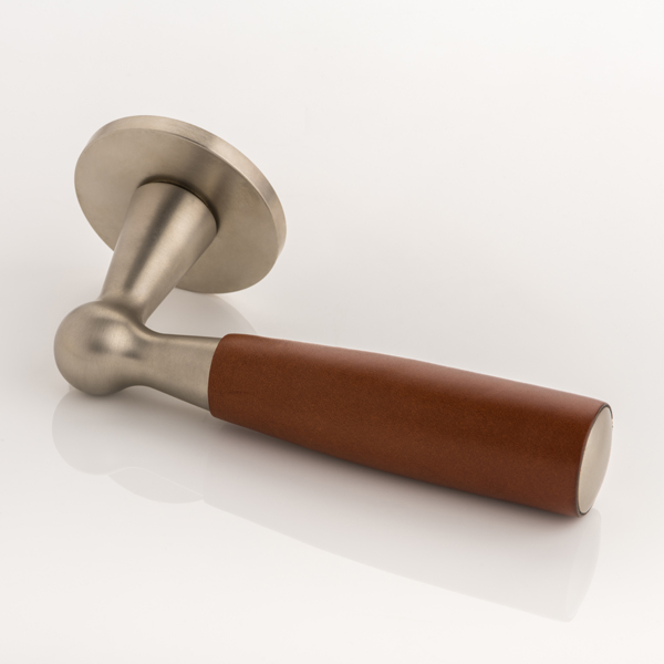 Bennett solid brass door lever handle with hand stitched leather & round rose