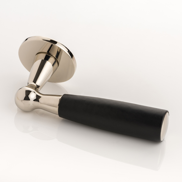 Bennett solid brass door lever handle with hand stitched leather & round rose