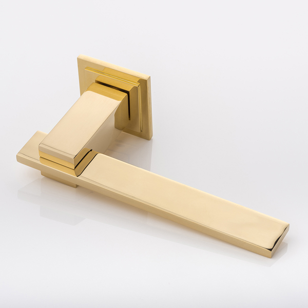 Holmes II solid brass door lever handle with square stepped rose