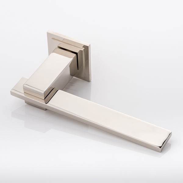 Holmes II solid brass door lever handle with square stepped rose