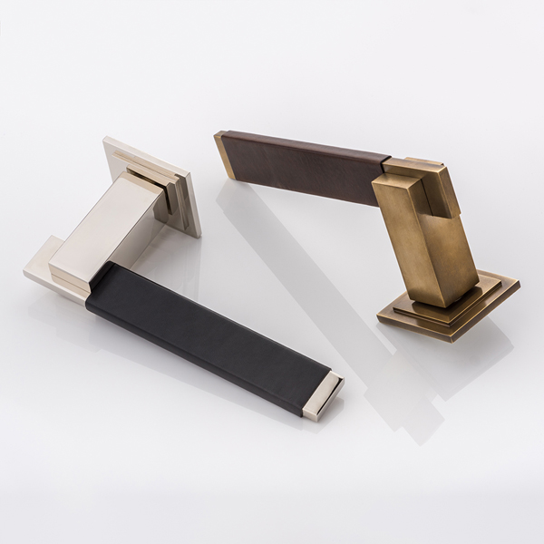Holmes II solid brass door lever handle with hand stitched leather & square stepped rose