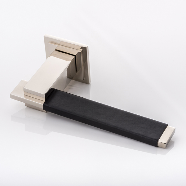 Holmes II solid brass door lever handle with hand stitched leather & square stepped rose