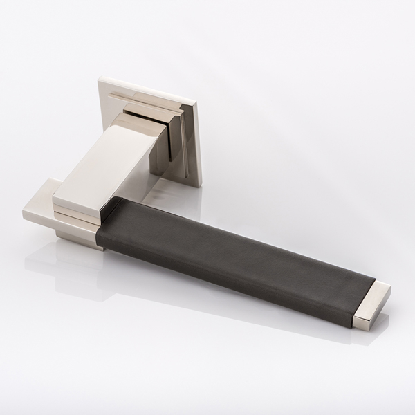 Holmes II solid brass door lever handle with hand stitched leather & square stepped rose