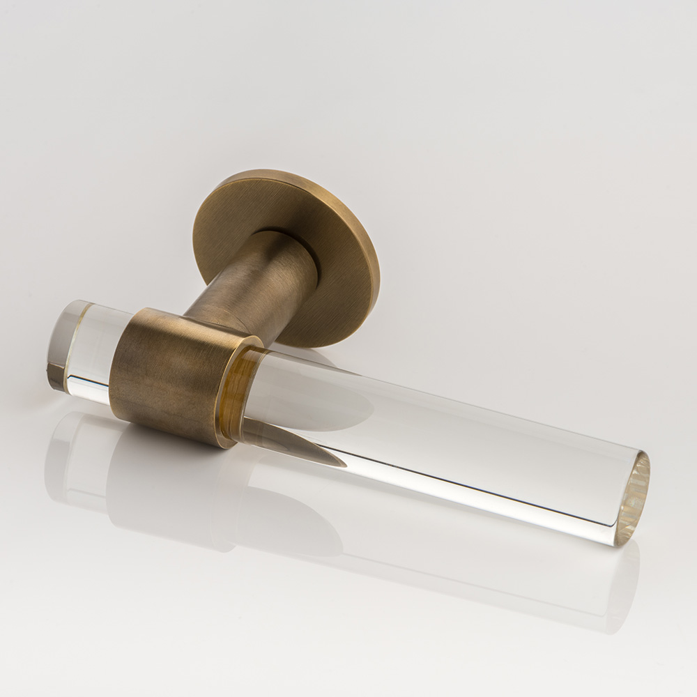 Collett solid brass & glass door lever handle with round rose