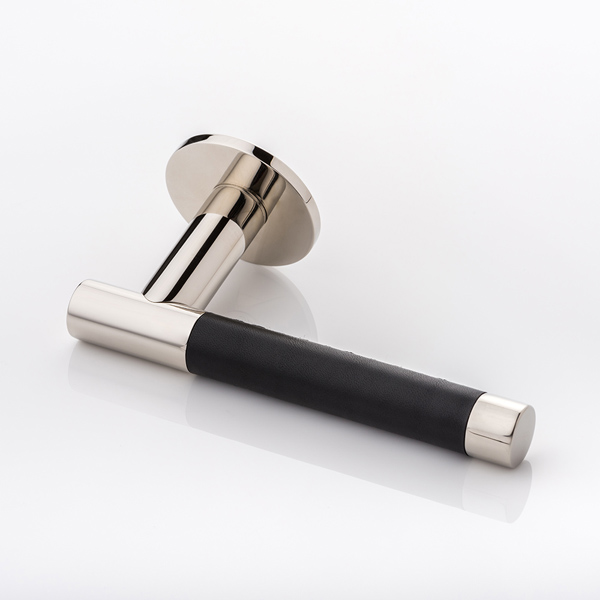 Bedford solid brass door lever handle with hand stitched leather & round rose