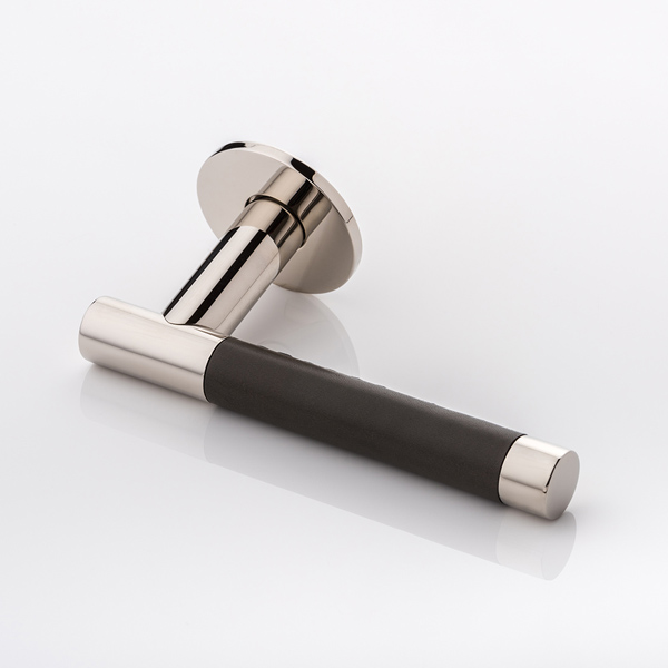 Bedford solid brass door lever handle with hand stitched leather & round rose