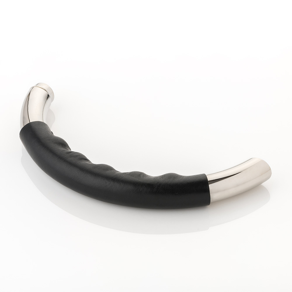 Infinity solid brass door lever handle with hand stitched leather & roseless rose