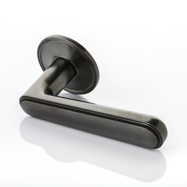 Halsey II solid brass door lever handle with ridged rose