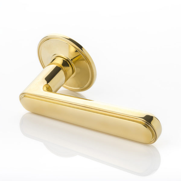 Halsey II solid brass door lever handle with ridged rose
