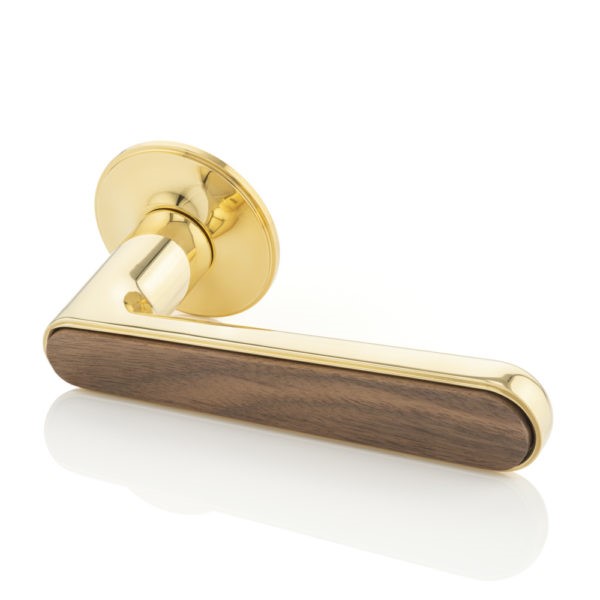 Halsey III solid brass door lever handle with traditional rose & timber detail