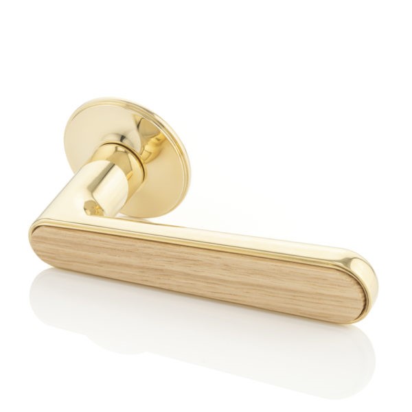 Halsey III solid brass door lever handle with traditional rose & timber detail