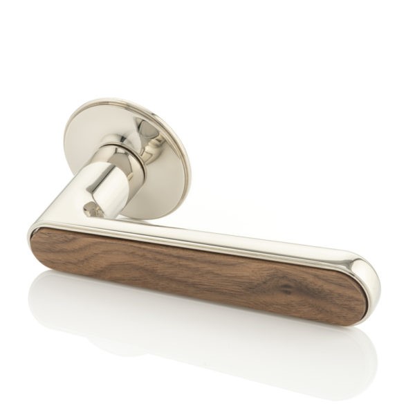 Halsey III solid brass door lever handle with traditional rose & timber detail