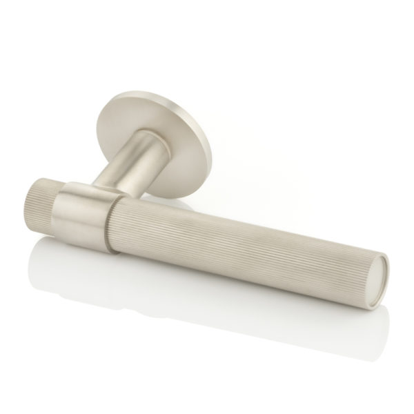 Montgomery solid brass door lever handle with linear knurl & round rose
