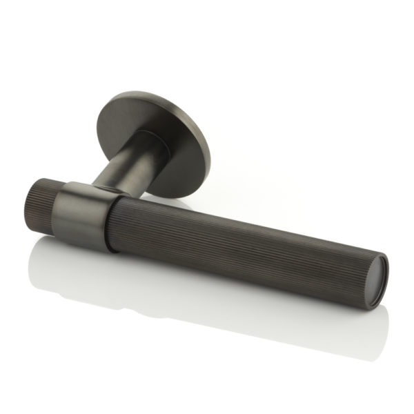Montgomery solid brass door lever handle with linear knurl & round rose