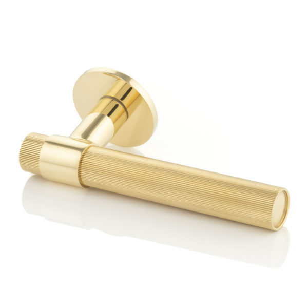 Montgomery solid brass door lever handle with linear knurl & round rose