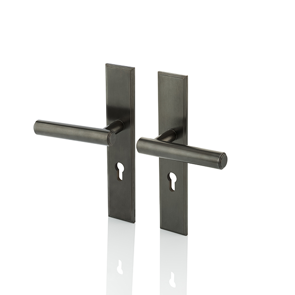 Bartlett solid brass door lever handle with euro cut out backplate