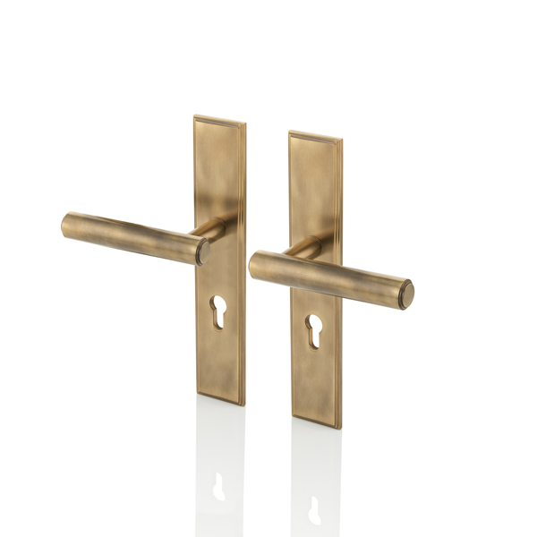Bartlett solid brass door lever handle with euro cut out backplate