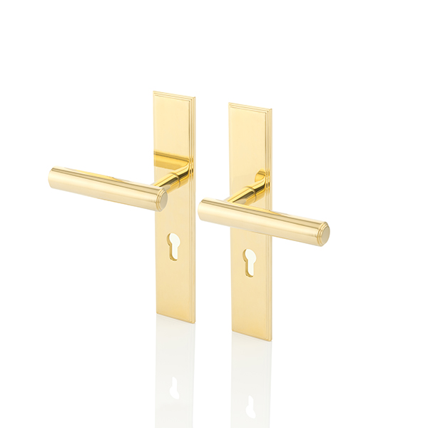 Bartlett solid brass door lever handle with euro cut out backplate