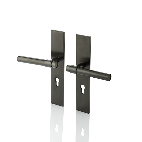 Montgomery solid brass door lever handle with euro cut out backplate