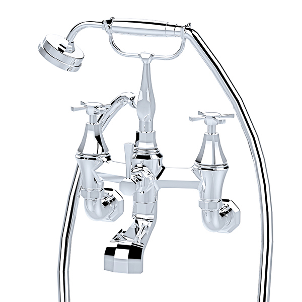 Deco wall-mounted bath mixer with handshower in cradle & crosshead taps