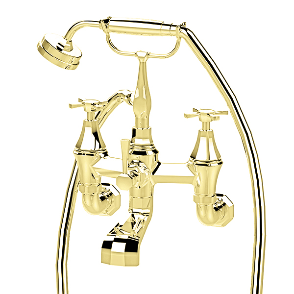 Deco wall-mounted bath mixer with handshower in cradle & crosshead taps
