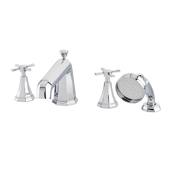 Deco 4 hole hob mounted bath mixer with handshower & crosshead taps