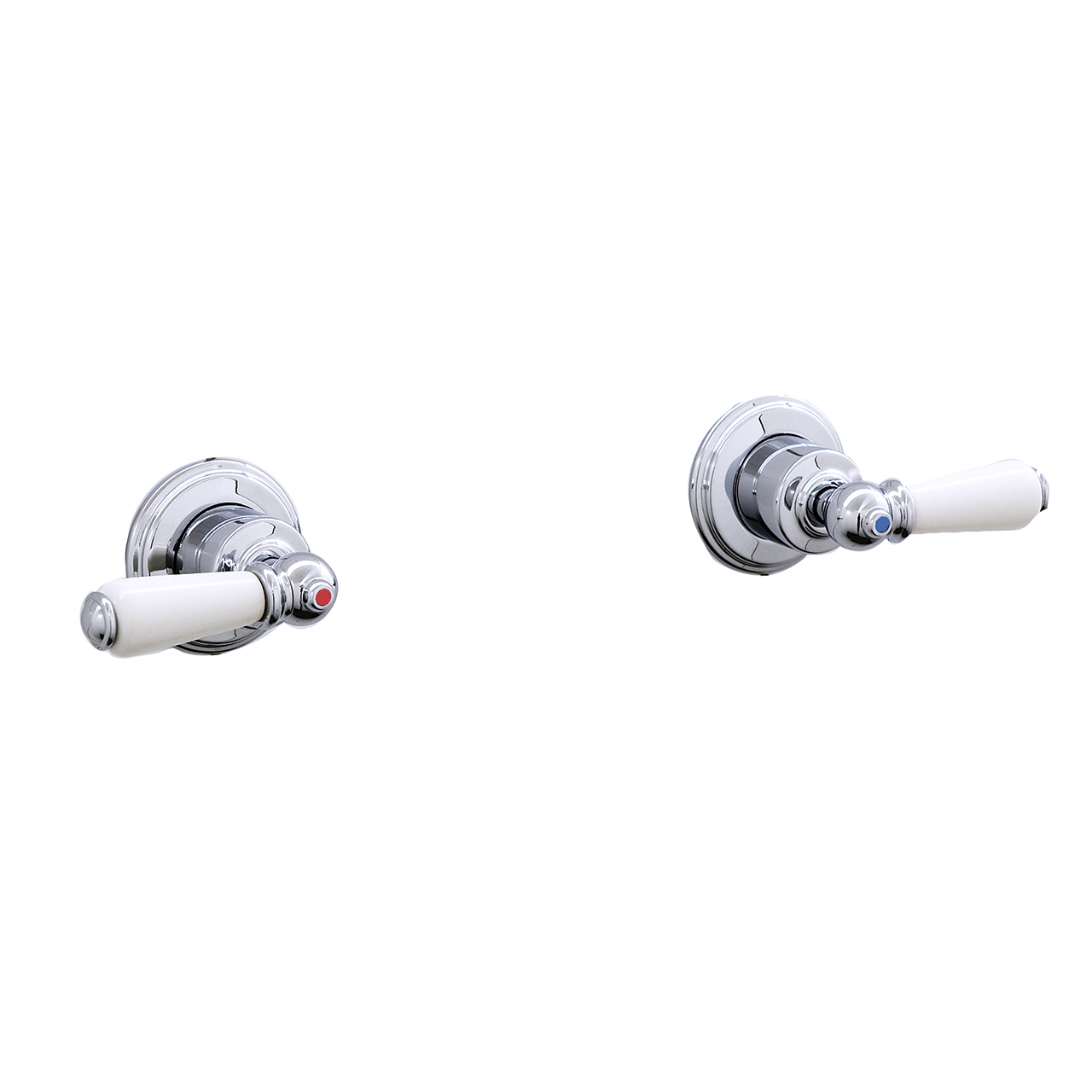 Wall-mounted bath/shower valves with white porcelain lever handles