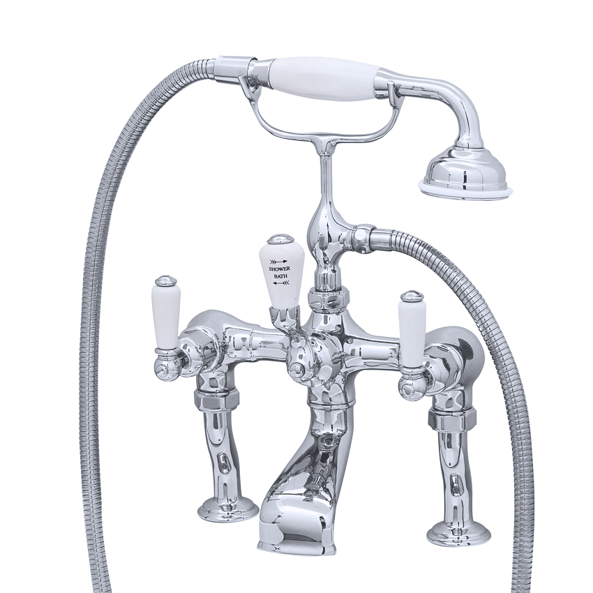 Bath mixer on pillar unions with handshower in cradle & lever taps