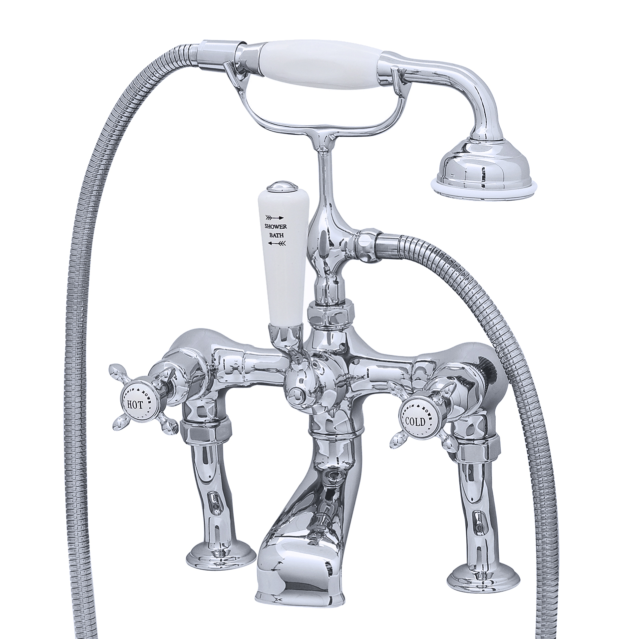 Bath mixer on pillar unions with handshower in cradle & crosshead taps