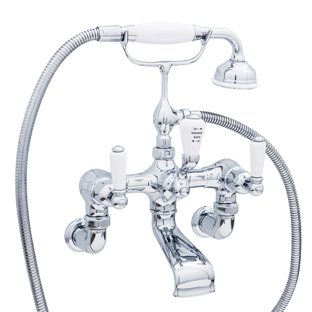 Wall-mounted bath mixer with handshower in cradle & lever taps