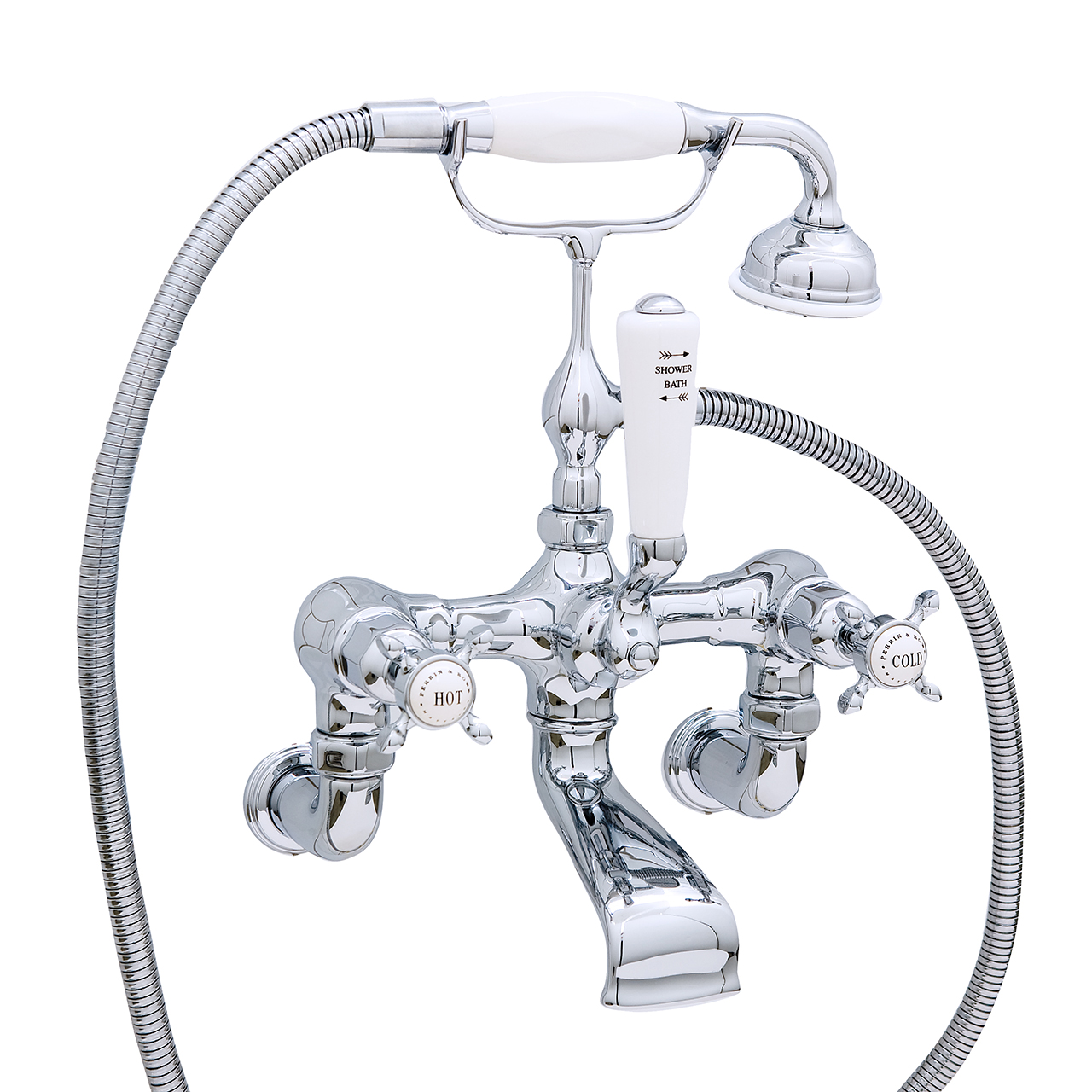 Wall-mounted bath mixer with handshower in cradle & crosshead taps