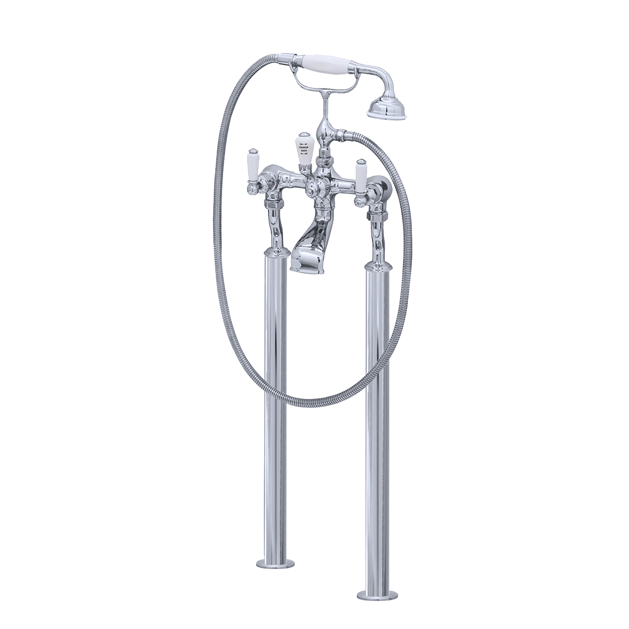 Bath filler on floorlegs with handshower in cradle & lever taps