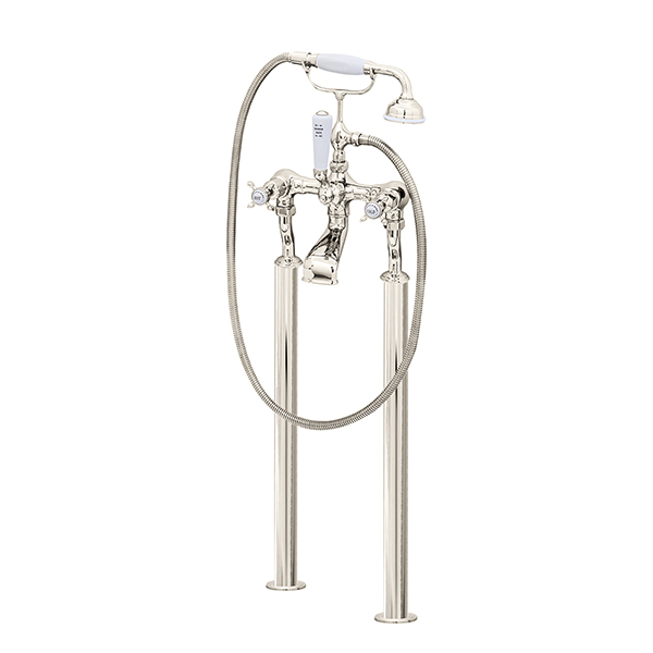 Bath filler on floorlegs with handshower in cradle & crosshead taps