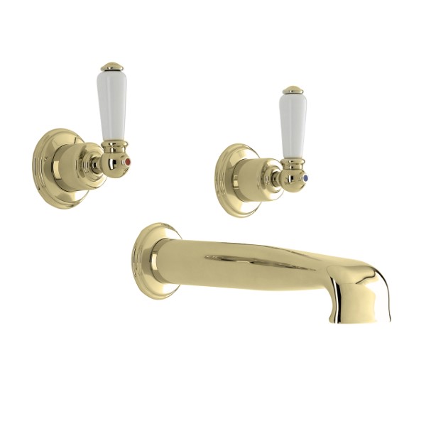 Wall-mounted bath mixer with low bath spout & lever taps