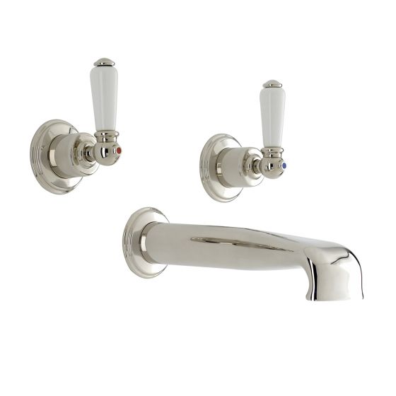 Wall-mounted bath mixer with low bath spout & lever taps