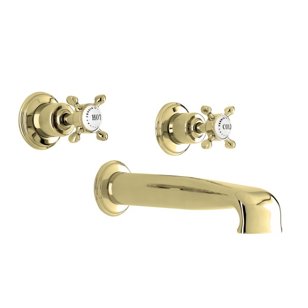 Wall-mounted bath mixer with low spout & crosshead taps