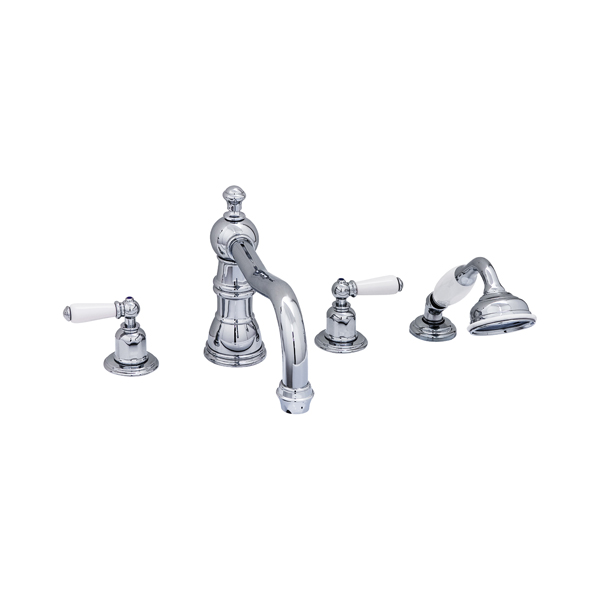 4 hole bath mixer with country spout, handshower & white porcelain lever taps