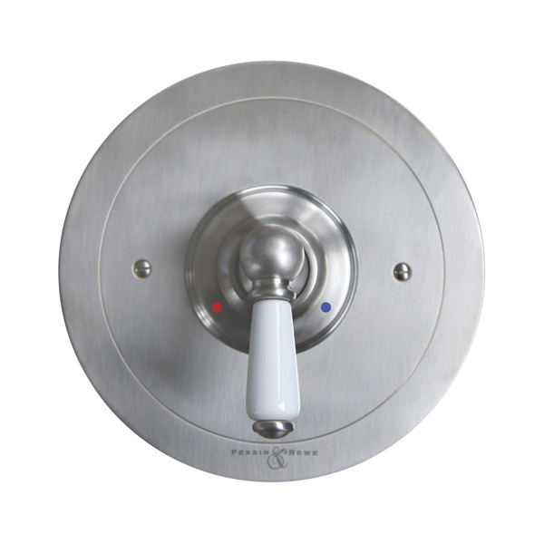 Single lever shower mixer with pressure balance valve and white porcelain handle