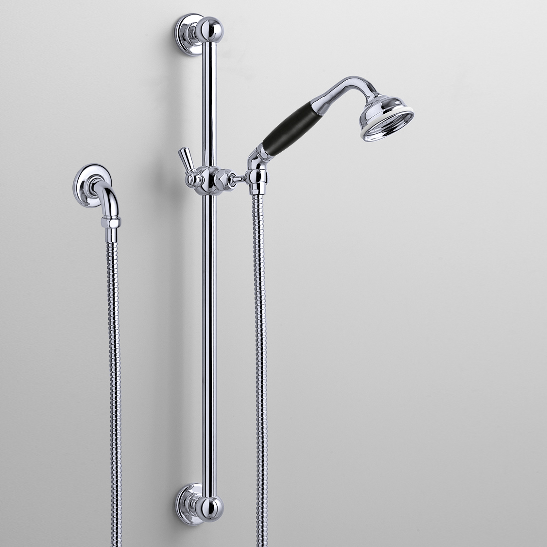 Rockwell rail shower with angled shower head & metal/coloured shower handle