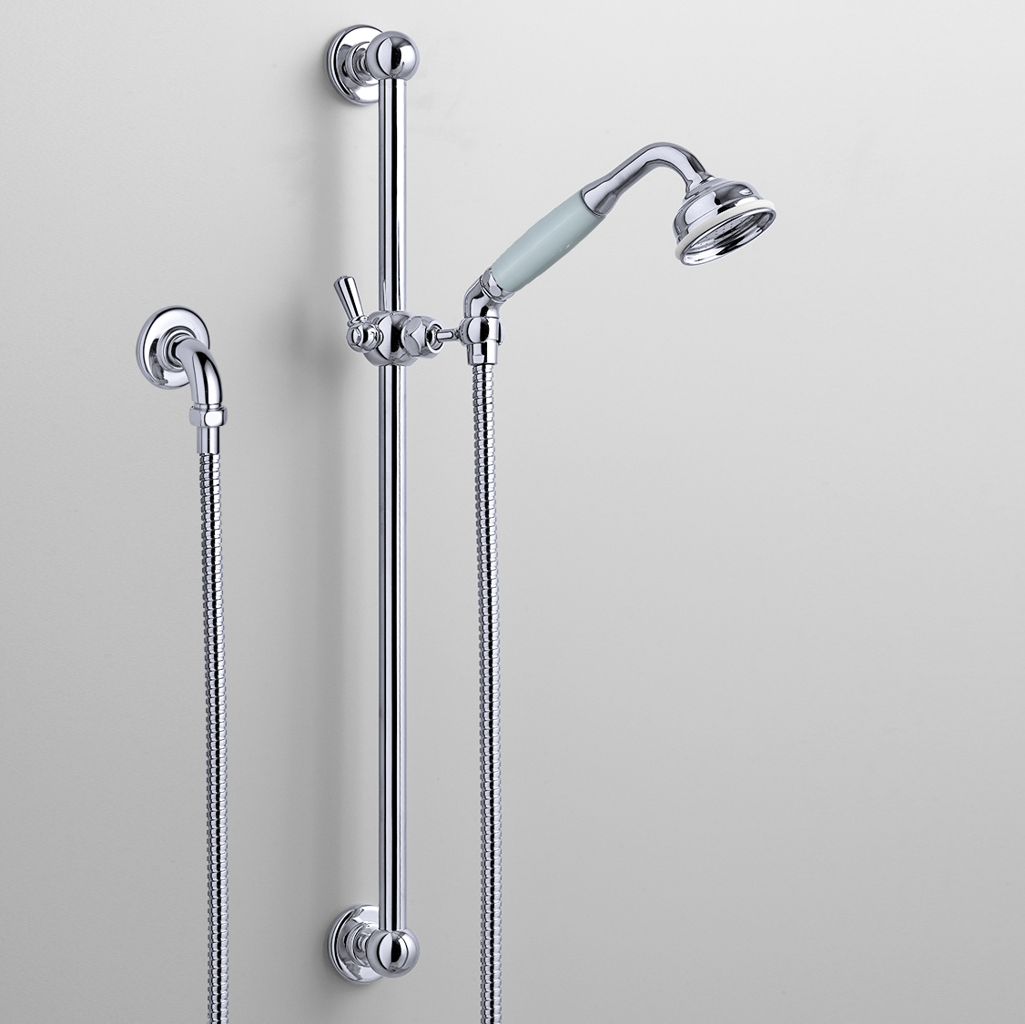 Rockwell rail shower with angled shower head & metal/coloured shower handle