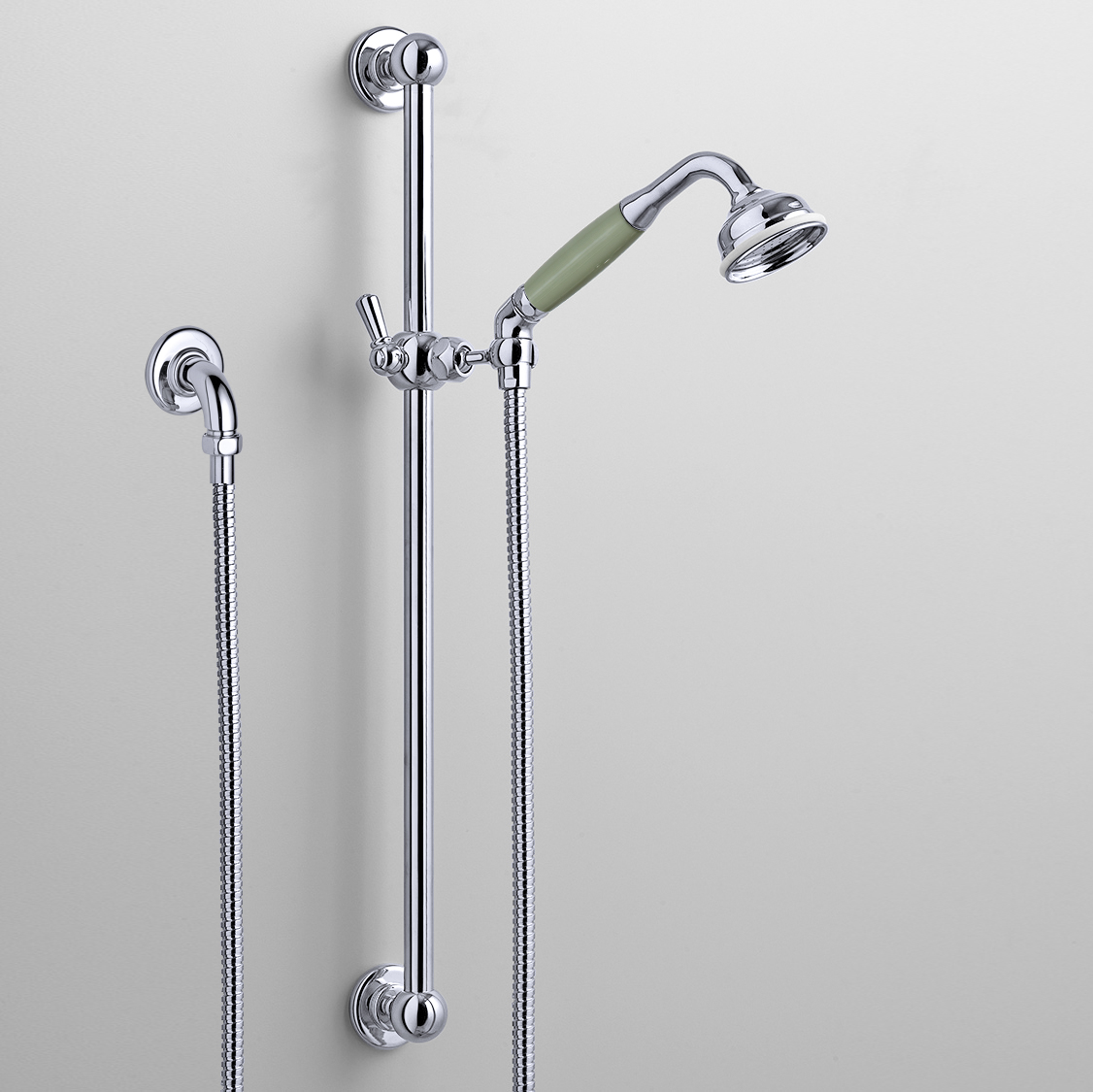 Rockwell rail shower with angled shower head & metal/coloured shower handle